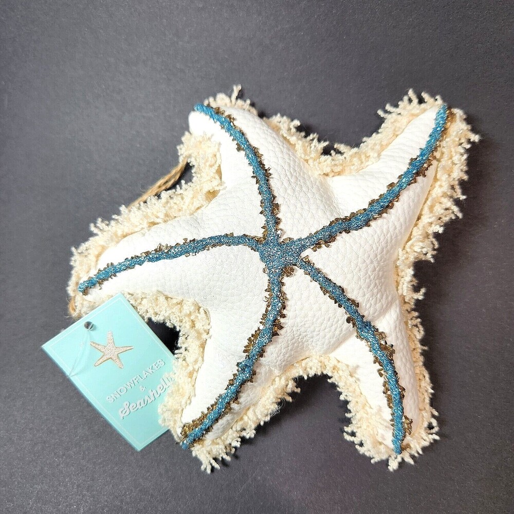 St Nicholas Square Starfish Ornament White Faux Leather Blue Glitter Fringed 6"